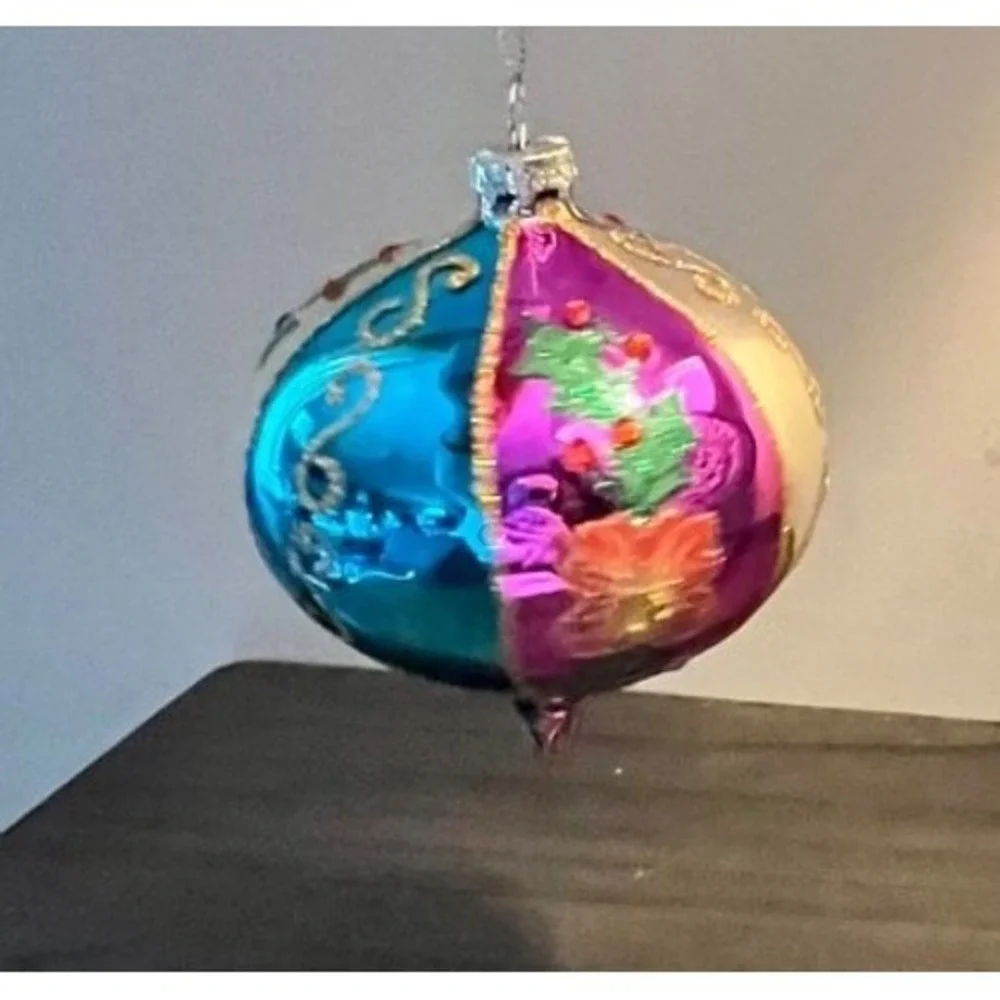 RAZ Imports Multicolor Reflector Glass Christmas Ornament Holly Floral 4.25